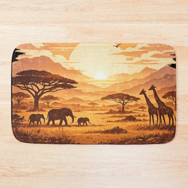 Item preview, African Safari Sunset with Elephants and Giraffes - Vintage Wildlife Art designed and sold by irfanshikh.