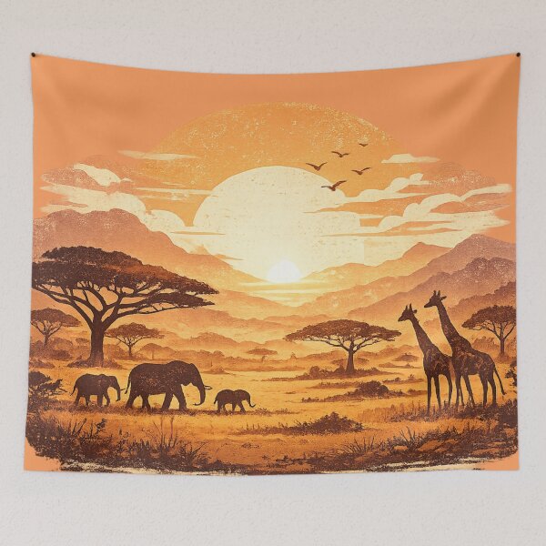 Item preview, African Safari Sunset with Elephants and Giraffes - Vintage Wildlife Art designed and sold by irfanshikh.
