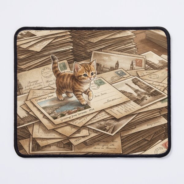 Item preview, Tiny Kitten on a Giant Stack of Vintage Postcards Miniature Illustration designed and sold by DuckOddity.