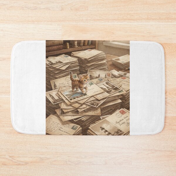 Item preview, Tiny Kitten on a Giant Stack of Vintage Postcards Miniature Illustration designed and sold by DuckOddity.