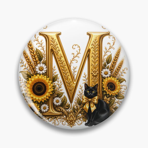 Item preview, Elegant Letter M Monogram with Black Cat, Sunflowers & Gold Floral Design | Personalized Botanical Alphabet designed and sold by MoodLay.
