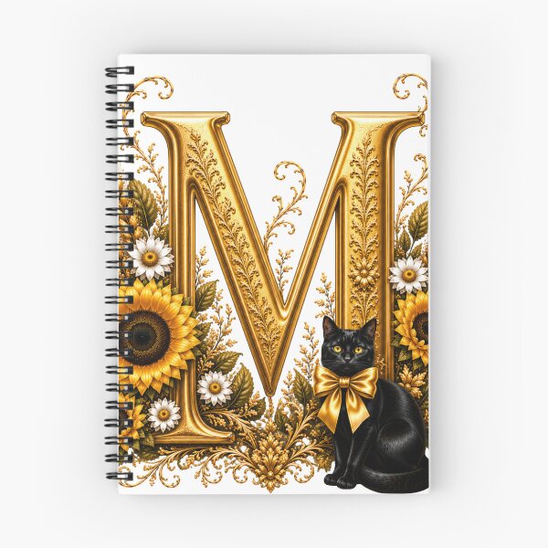 Item preview, Elegant Letter M Monogram with Black Cat, Sunflowers & Gold Floral Design | Personalized Botanical Alphabet designed and sold by MoodLay.