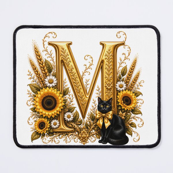 Item preview, Elegant Letter M Monogram with Black Cat, Sunflowers & Gold Floral Design | Personalized Botanical Alphabet designed and sold by MoodLay.