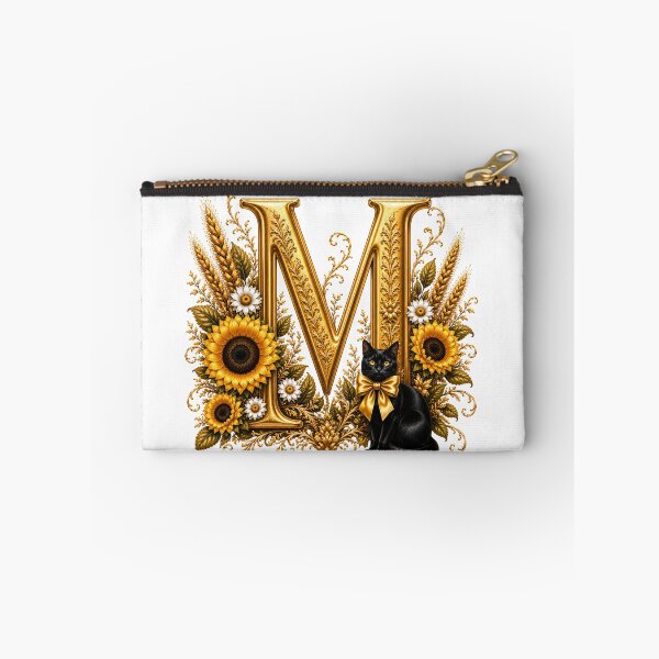 Item preview, Elegant Letter M Monogram with Black Cat, Sunflowers & Gold Floral Design | Personalized Botanical Alphabet designed and sold by MoodLay.
