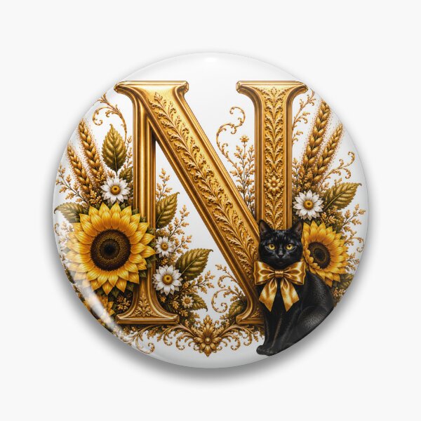 Item preview, Elegant Letter N Monogram with Black Cat, Sunflowers & Gold Floral Design | Personalized Botanical Alphabet designed and sold by MoodLay.