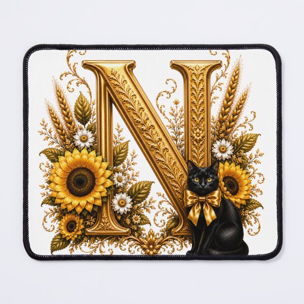 Item preview, Elegant Letter N Monogram with Black Cat, Sunflowers & Gold Floral Design | Personalized Botanical Alphabet designed and sold by MoodLay.