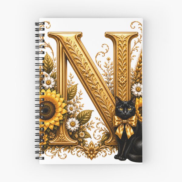 Item preview, Elegant Letter N Monogram with Black Cat, Sunflowers & Gold Floral Design | Personalized Botanical Alphabet designed and sold by MoodLay.