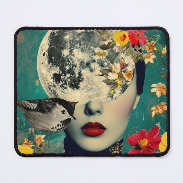 Item preview, Illustration of a woman portrait with fashion flowers, birds, flora and fauna, moon on the head. Vivid colors. A vintage night in the background. designed and sold by Soft Oddity.