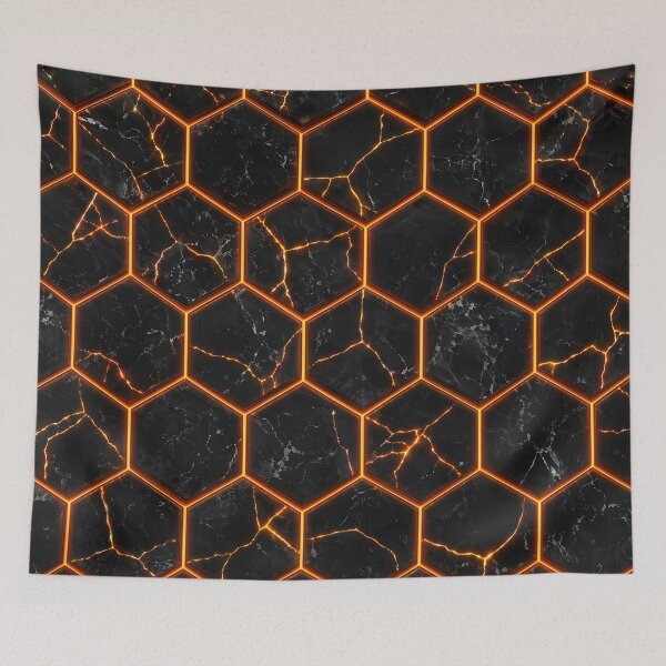 Item preview, Black Marble Hexagon Texture with Orange Neon Kintsugi designed and sold by Aimaniia666.