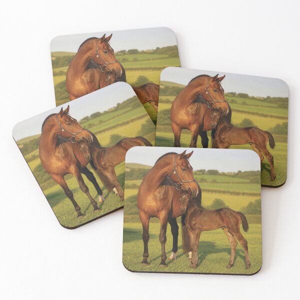Item preview, Bay Mare With Newborn Foal Standing Together In Sunlit Green Pasture On Summer Morning designed and sold by LisaMise.