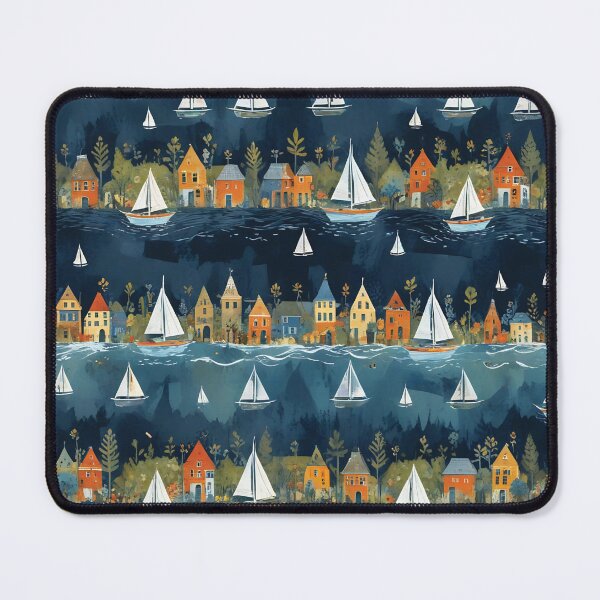 Item preview, Sailboats Around Coastal Island Villages — Patterned Watercolor Illustration of Seaside Cottages and Palm Trees designed and sold by LisaMise.