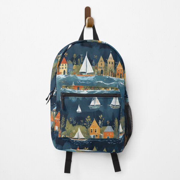 Item preview, Sailboats Around Coastal Island Villages — Patterned Watercolor Illustration of Seaside Cottages and Palm Trees designed and sold by LisaMise.