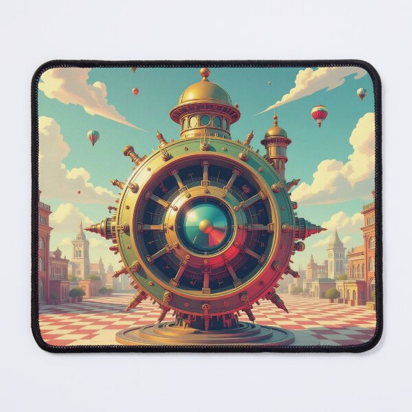Item preview, Steampunk Mechanical Clock Orb in a Surreal City Square With Hot Air Balloons and Checkerboard Ground designed and sold by LisaMise.