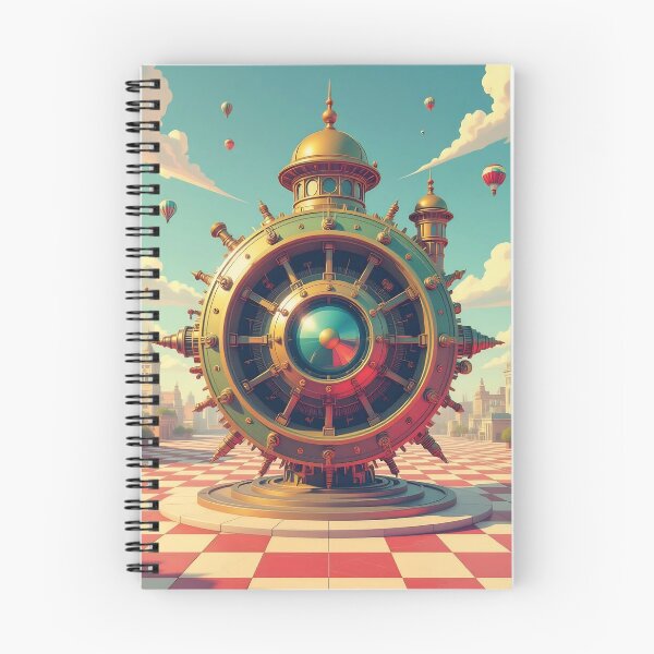 Item preview, Steampunk Mechanical Clock Orb in a Surreal City Square With Hot Air Balloons and Checkerboard Ground designed and sold by LisaMise.
