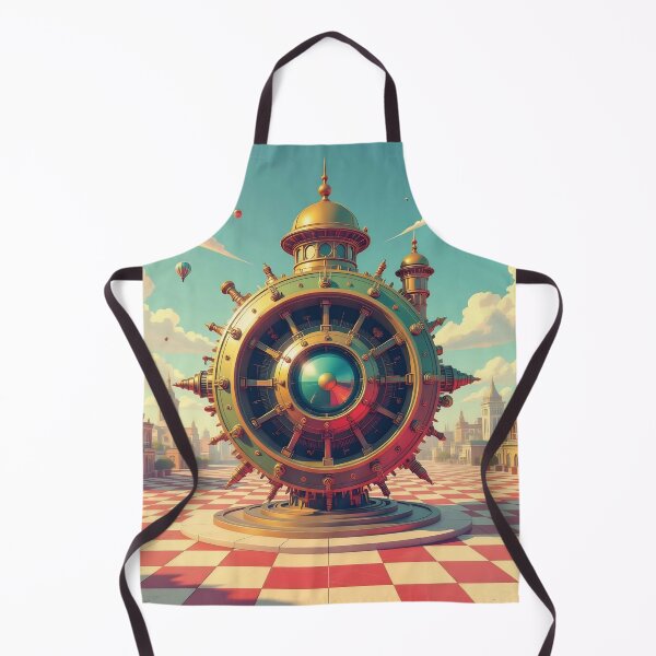 Item preview, Steampunk Mechanical Clock Orb in a Surreal City Square With Hot Air Balloons and Checkerboard Ground designed and sold by LisaMise.