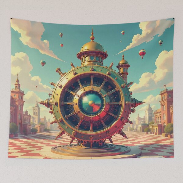 Item preview, Steampunk Mechanical Clock Orb in a Surreal City Square With Hot Air Balloons and Checkerboard Ground designed and sold by LisaMise.