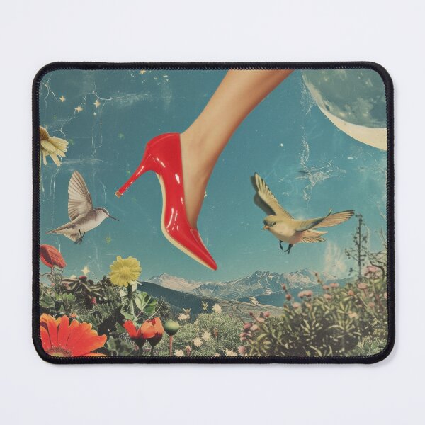 Item preview, Abstract collage of a woman's leg with red shoes on heels. Vintage night sky in the background with fashionable flowers. designed and sold by Soft Oddity.