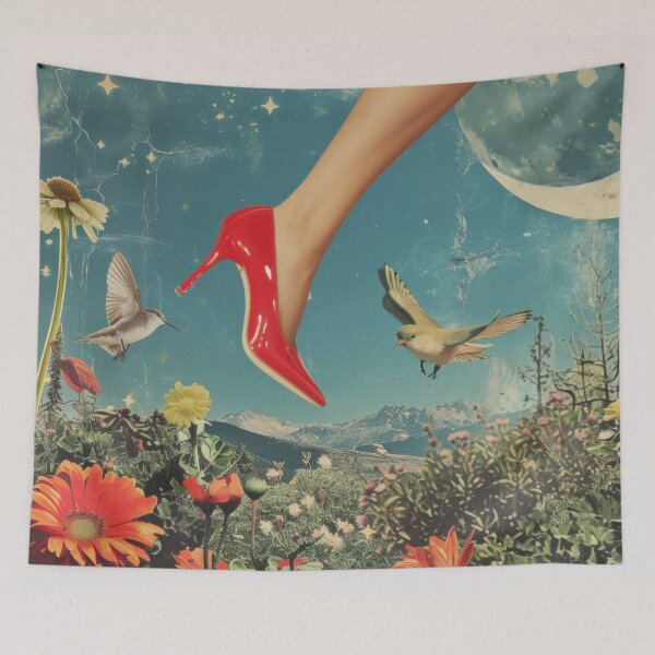 Item preview, Abstract collage of a woman's leg with red shoes on heels.  Vintage night sky in the background with fashionable flowers.	 designed and sold by Soft Oddity.