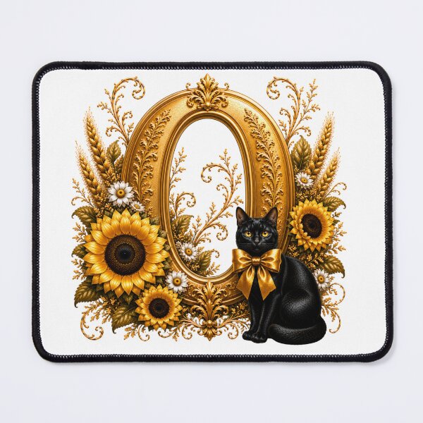 Item preview, Elegant Letter O Monogram with Black Cat, Sunflowers & Gold Floral Design | Personalized Botanical Alphabet designed and sold by MoodLay.