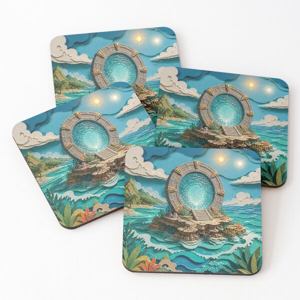 Item preview, Mystical Stone Portal On Tropical Island Gateway Over Turquoise Ocean Waves In Fantasy Paper-Cut Illustration designed and sold by LisaMise.