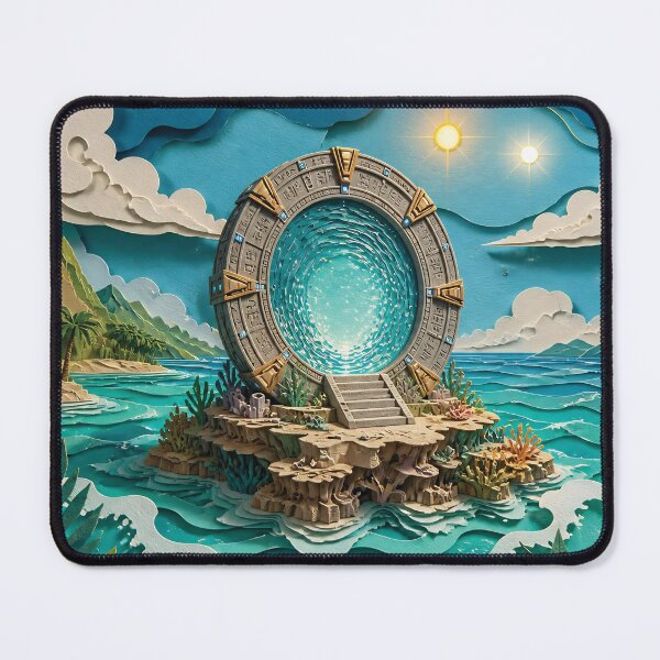 Item preview, Mystical Stone Portal On Tropical Island Gateway Over Turquoise Ocean Waves In Fantasy Paper-Cut Illustration designed and sold by LisaMise.