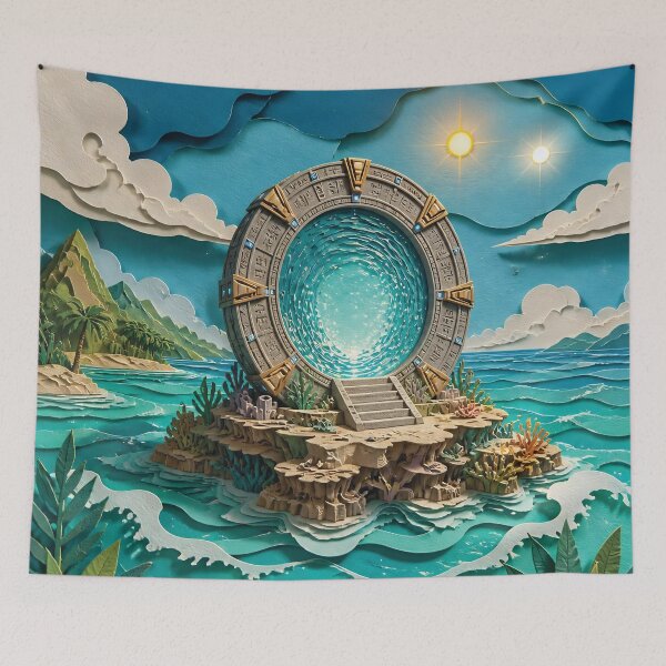 Item preview, Mystical Stone Portal On Tropical Island Gateway Over Turquoise Ocean Waves In Fantasy Paper-Cut Illustration designed and sold by LisaMise.