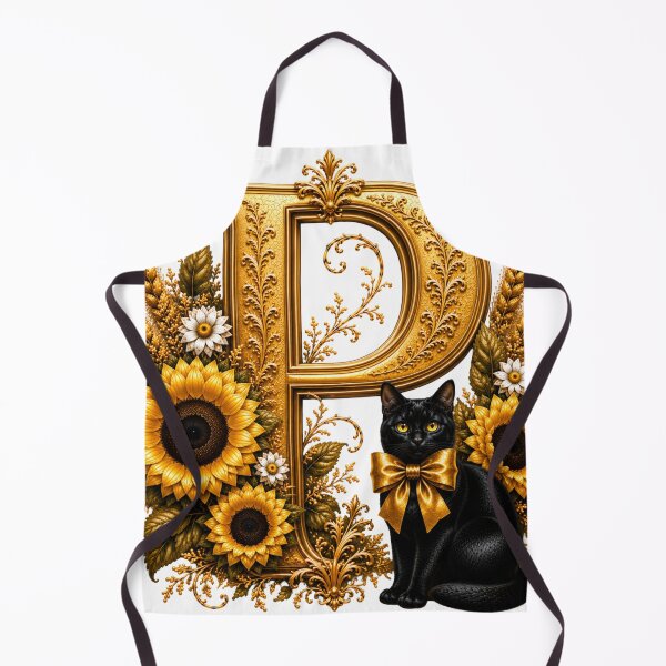 Item preview, Elegant Letter P Monogram with Black Cat, Sunflowers & Gold Floral Design | Personalized Botanical Alphabet designed and sold by MoodLay.