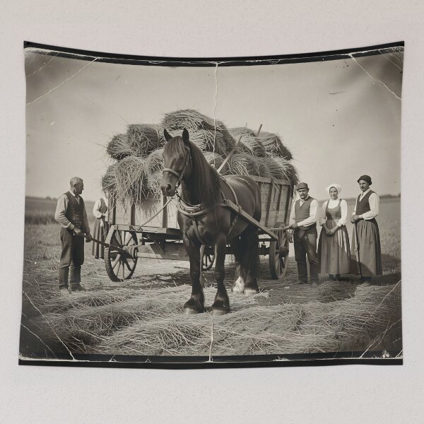 Item preview, Horse-Drawn Hay Wagon With Farmers Posing After Harvest In Rural Historic Field designed and sold by LisaMise.