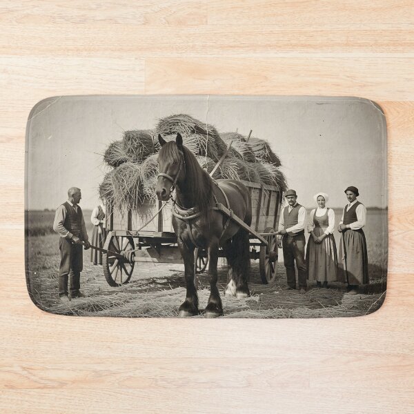 Item preview, Horse-Drawn Hay Wagon With Farmers Posing After Harvest In Rural Historic Field designed and sold by LisaMise.