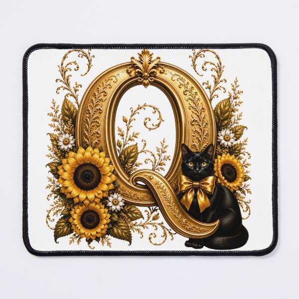 Item preview, Letter Q Floral Monogram with Black Cat, Sunflower & Gold Botanical Initial | Elegant Alphabet Art designed and sold by MoodLay.