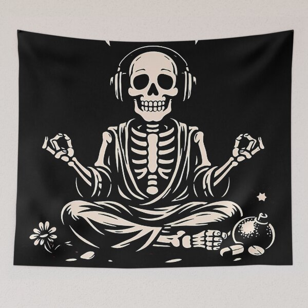 Item preview, Funny Skeleton Meditating Fuck Off Skeleton In Headphones designed and sold by DarkOriginArts.