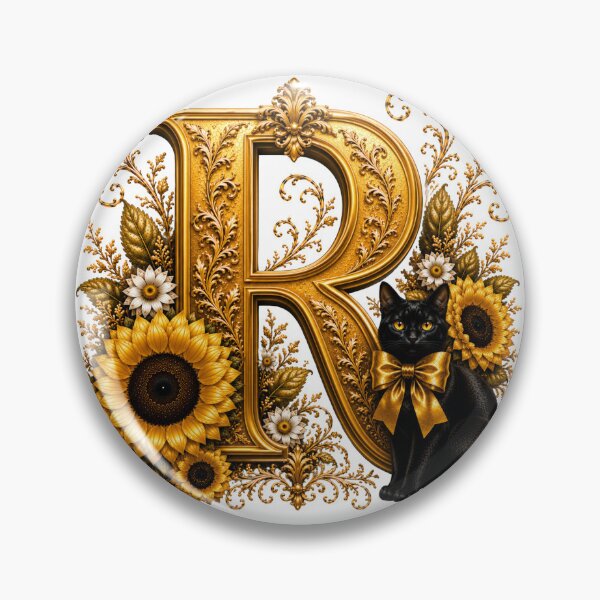 Item preview, Letter R Floral Monogram with Black Cat, Sunflower & Gold Botanical Initial | Elegant Alphabet Art designed and sold by MoodLay.