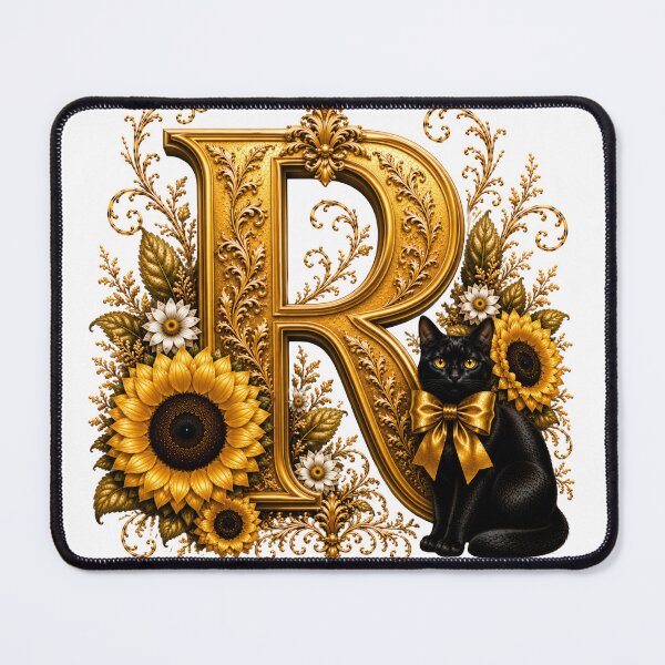 Item preview, Letter R Floral Monogram with Black Cat, Sunflower & Gold Botanical Initial | Elegant Alphabet Art designed and sold by MoodLay.