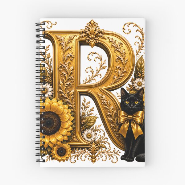 Item preview, Letter R Floral Monogram with Black Cat, Sunflower & Gold Botanical Initial | Elegant Alphabet Art designed and sold by MoodLay.