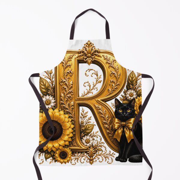 Item preview, Letter R Floral Monogram with Black Cat, Sunflower & Gold Botanical Initial | Elegant Alphabet Art designed and sold by MoodLay.