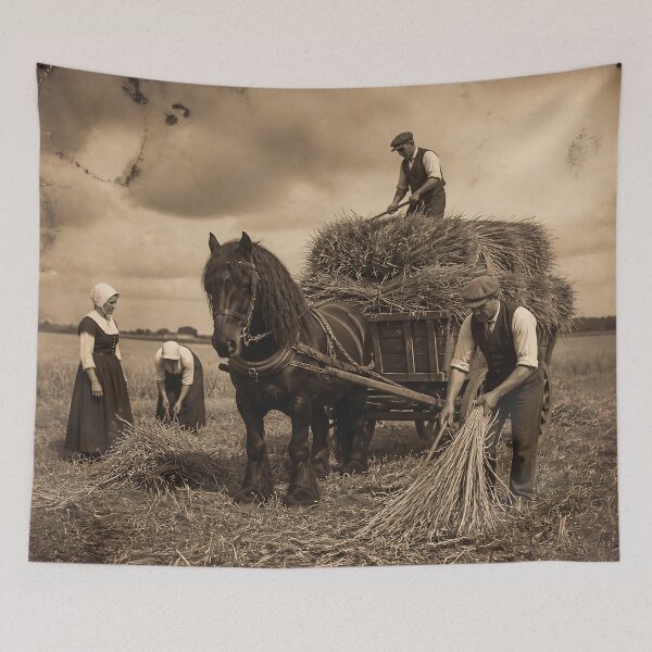 Item preview, Vintage Rural Harvest: Farmers Loading Hay Onto Horse-Drawn Cart During Traditional Wheat Harvest designed and sold by LisaMise.