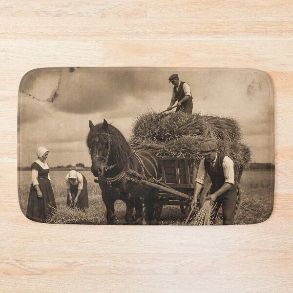 Item preview, Vintage Rural Harvest: Farmers Loading Hay Onto Horse-Drawn Cart During Traditional Wheat Harvest designed and sold by LisaMise.