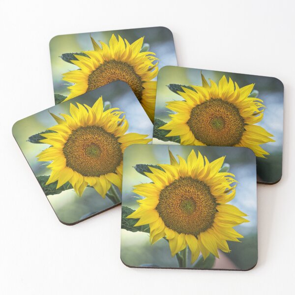 Item preview, Close-up of a yellow sunflower bloom with detailed seed head, bright petals and soft green bokeh background in natural light designed and sold by RastislavS.