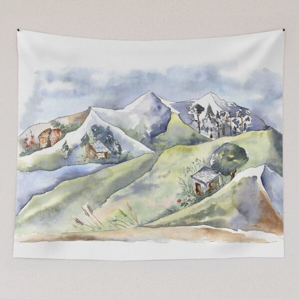 Item preview, Watercolor Landscape with Old Houses in Mountains designed and sold by Flowersforbear.