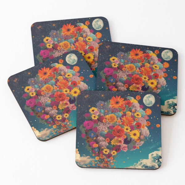 Item preview, Abstract collage of a big explosion of colorful flowers over the night sky covered with stars, moon, and clouds.  Vivid colors. Vintage background. designed and sold by Soft Oddity.