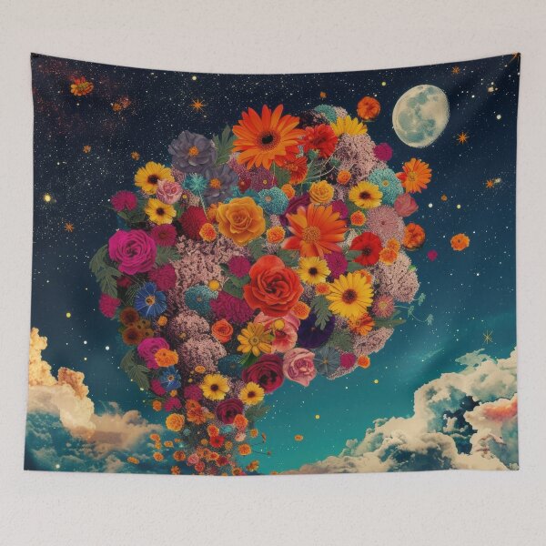 Item preview, Abstract collage of a big explosion of colorful flowers over the night sky covered with stars, moon, and clouds. Vivid colors. Vintage background. designed and sold by Soft Oddity.