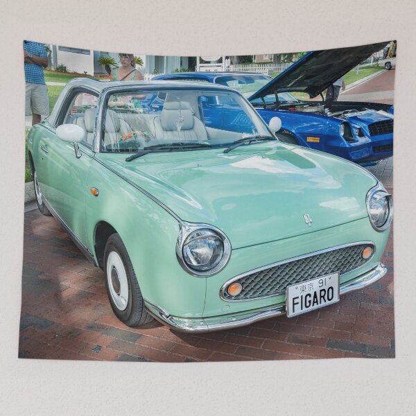 Item preview, 1991 Nissan Figaro Emerald Green and White Roof Technical Blueprint Car Poster designed and sold by RichFrancoCars.
