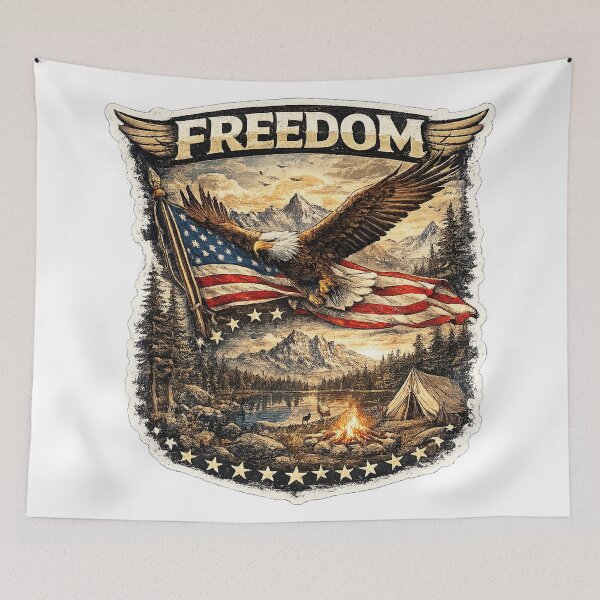Item preview, Freedom Never Sleeps | Vintage Bald Eagle USA Flag Mountain Camping Shirt | American Outdoor Adventure Graphic designed and sold by littlestore.