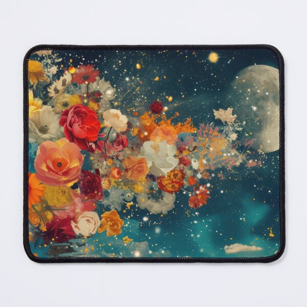 Item preview, Abstract collage of a big explosion of colorful flowers over the night sky covered with stars, moon, and clouds. Vivid colors. Vintage background. designed and sold by Soft Oddity.