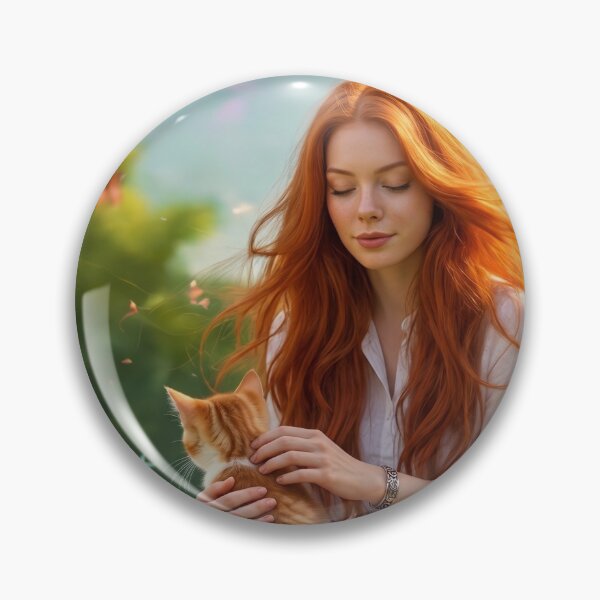 Item preview, Sunlit Redhead Woman with Ginger Kitten in Meadow Painting designed and sold by UmSkelig834.