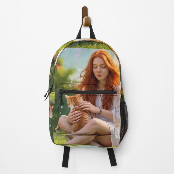 Item preview, Sunlit Redhead Woman with Ginger Kitten in Meadow Painting designed and sold by UmSkelig834.