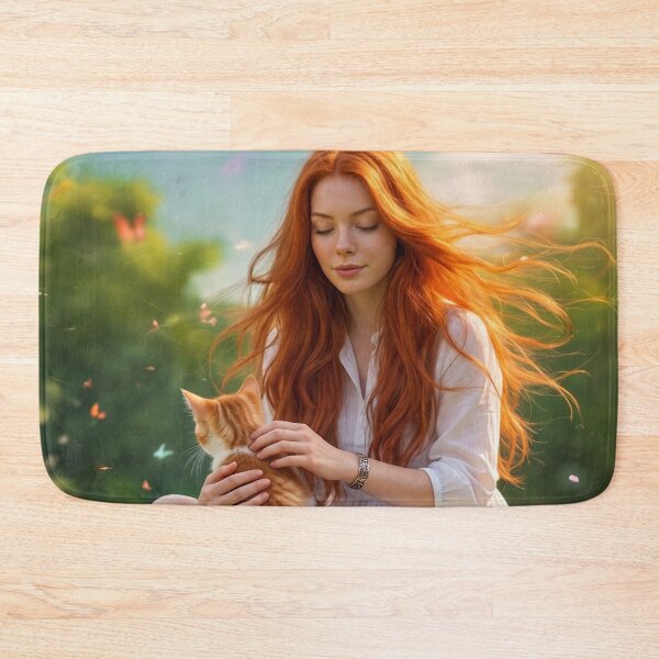 Item preview, Sunlit Redhead Woman with Ginger Kitten in Meadow Painting designed and sold by UmSkelig834.
