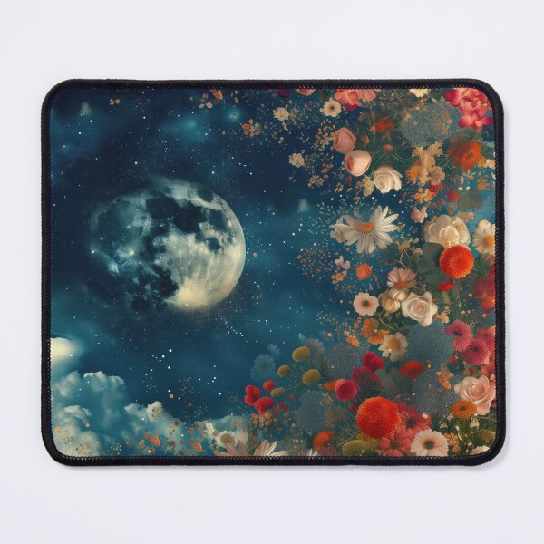 Item preview, Abstract collage of a big explosion of colorful flowers over the night sky covered with stars, moon, and clouds.  Vivid colors. Vintage background. designed and sold by Soft Oddity.