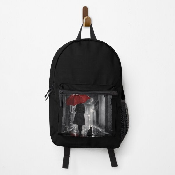 Item preview, Black cat in the rain with a red umbrella designed and sold by thirtyonestars.