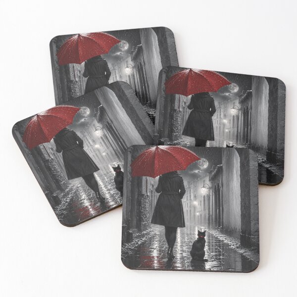 Item preview, Black cat in the rain with a red umbrella designed and sold by thirtyonestars.